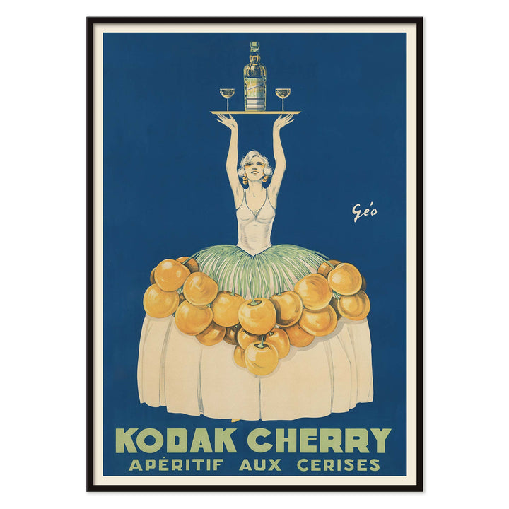 Géo Vermeire Kodak Cherry poster with woman in cherry-covered dress holding tray with bottle and two glasses, with black aluminium frame on white background