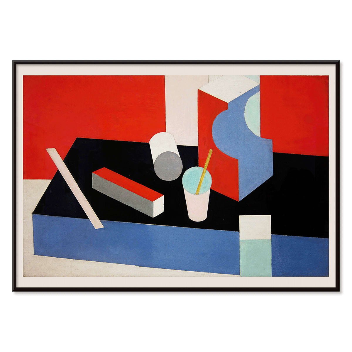 Colorful geometric abstract painting titled Kubik in red black and blue by artist Patrick Henry Bruce poster, with black aluminium frame on white background