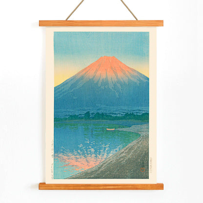 Serene sunrise over Lake Yamanaka with Mount Fuji at dawn by Kawase Hasui Japanese art poster, with wooden magnetic frame on white background