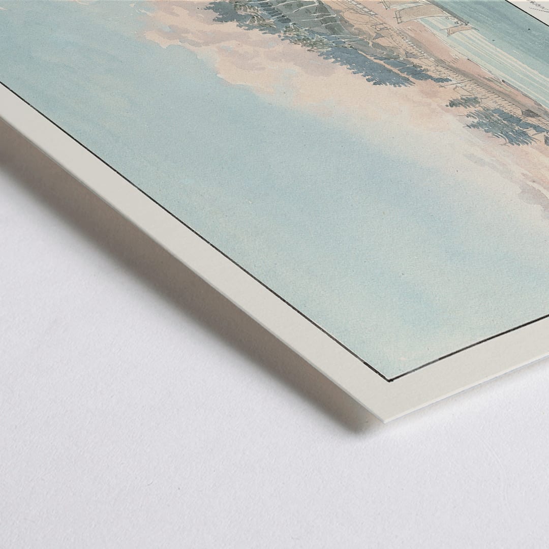 Closeup detail of Seaside village and coastal landscape painting with sailboats and forested hill titled Friendly Cove Nootka Sound by Charles Hamilton Smith