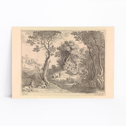 Mercury playing the flute in a detailed forest landscape with trees animals and natural scenery by Willem van Nieulandt poster, framed and displayed in modern living room decor