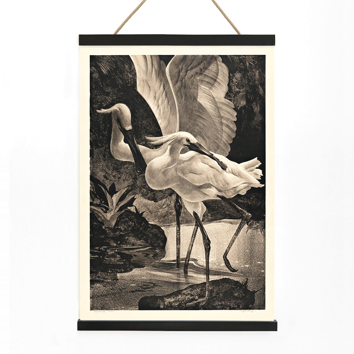 Egrets and spoonbills in natural setting from Lepelaars artwork by Adriaan van Hoff poster, with wooden magnetic frame on white background