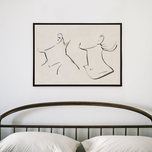 Minimalist ink drawing and line art poster of man and woman necks by Hans Borrebach, framed and displayed in home decor