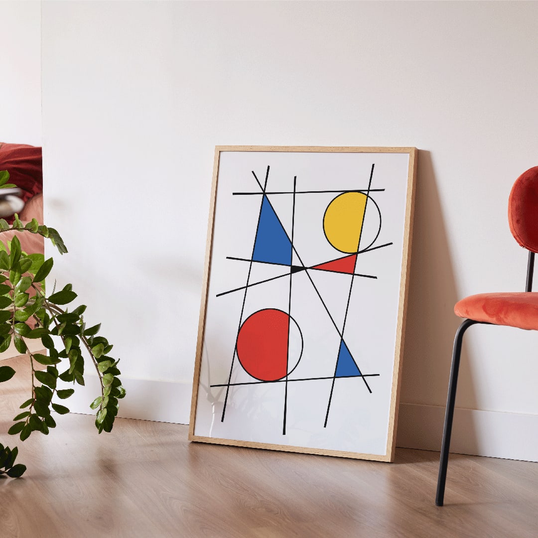 Colorful geometric shapes and intersecting lines in yellow red and blue abstract poster titled Geometric Lines and Colors 2 by Anonymous, framed and displayed in home decor