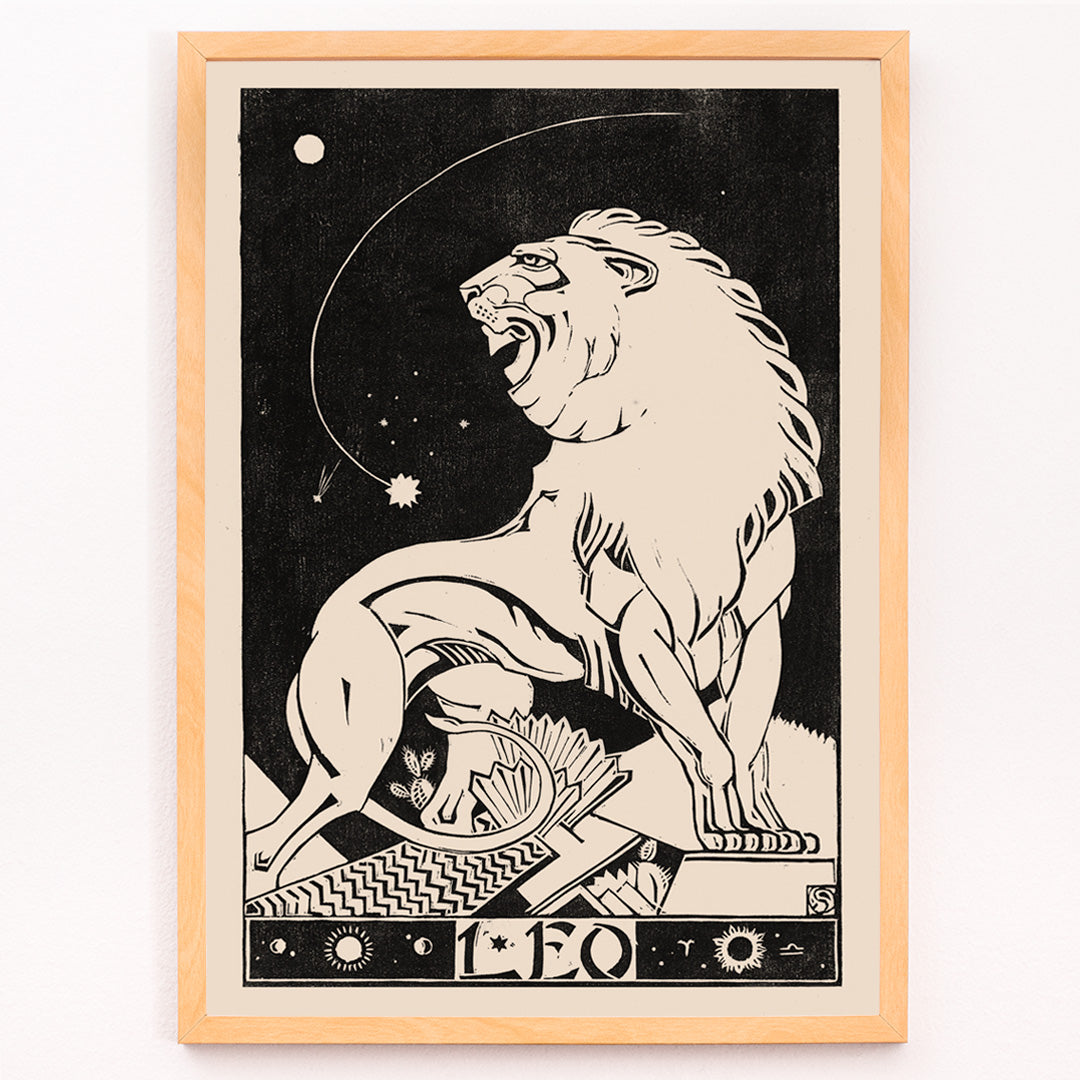 Closeup detail of Art deco poster of a stylized roaring lion representing Leo zodiac sign by Henri van der Stok in black and white