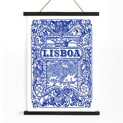 Artistic depiction and poster of Lisbon cityscape in blue and white azulejos with ornate designs titled Lisbon Azulejo Blue painted tile 2, with wooden magnetic frame on white background