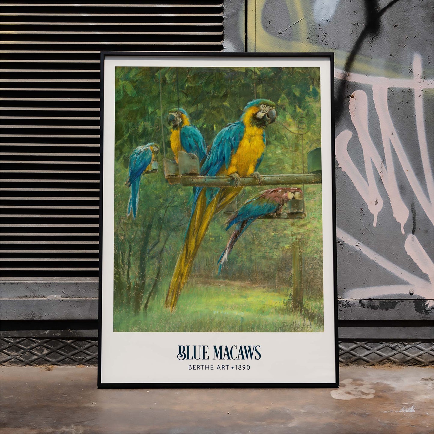 Colorful blue and yellow macaws perched in a lush green forest poster by Berthe Art, framed and displayed in modern living room decor