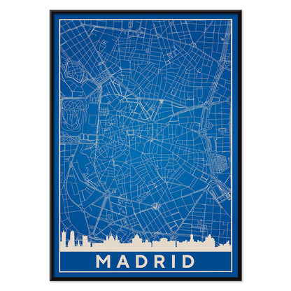 Minimalist Madrid Map by Artist Name blue and white city layout with silhouettes and street details poster, with black aluminium frame on white background