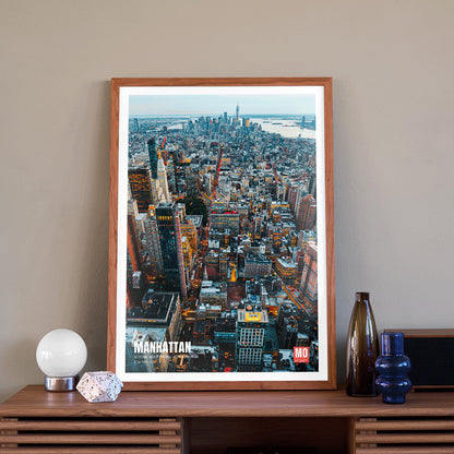 Aerial view and poster of Manhattan skyline in New York by Mo Art Gallery, framed and displayed in home decor
