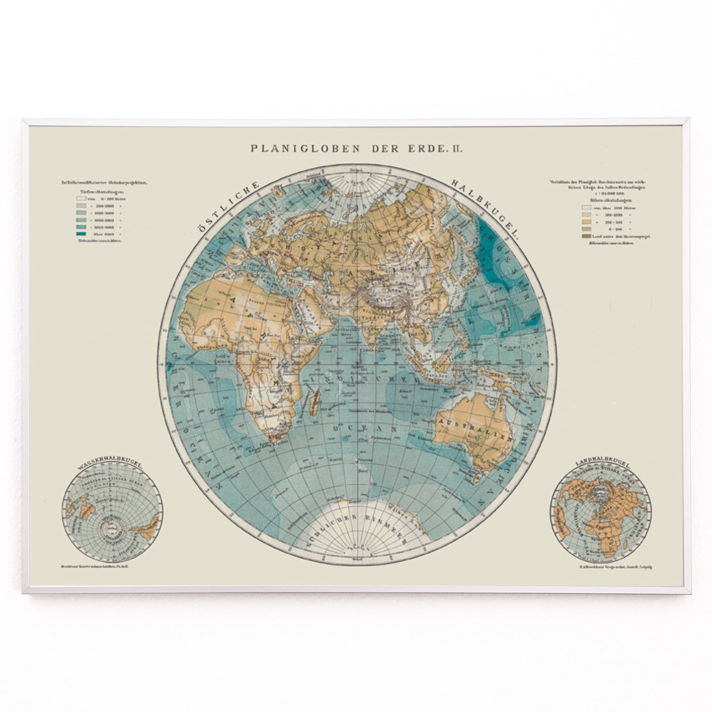 Closeup detail of Detailed vintage world map illustration and poster titled Planiglobes of the Earth II by The Institute of Liepzig featuring colored geographical features