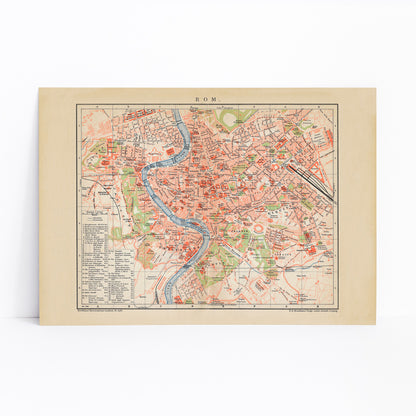 Ancient map of Rome by Bibliographic institute of Liepzig showing detailed city layout river neighborhoods and landmarks, framed and displayed in modern living room decor
