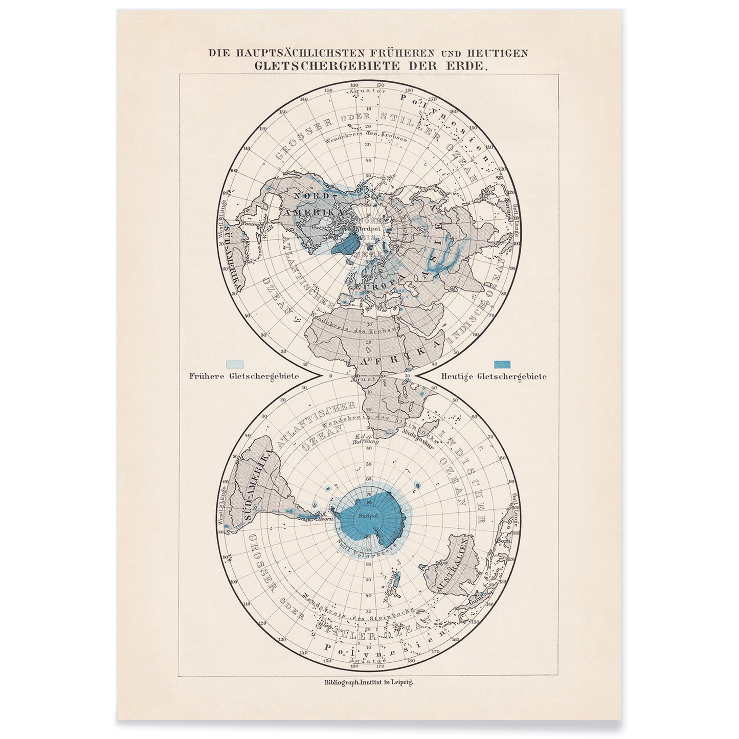 Vintage polar regions and glacier map illustrated artwork of Earth poles by Bibliographic institute of Liepzig, with black aluminium frame on white background