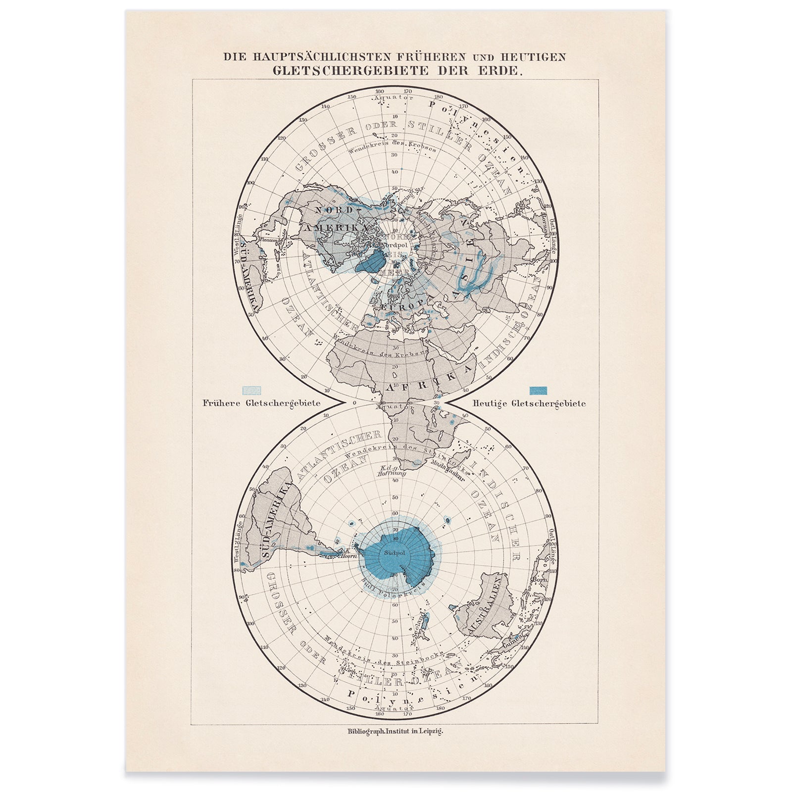 Vintage polar regions and glacier map illustrated artwork of Earth poles by Bibliographic institute of Liepzig, with black aluminium frame on white background