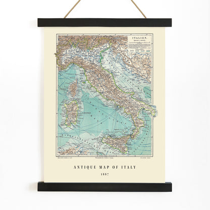 Colorful historical map of Italy by Institute of Liepzig German antique artwork with detailed geographical features, with wooden magnetic frame on white background