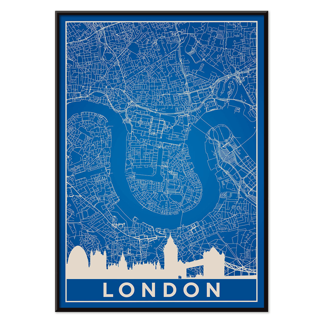 Minimalist London map artwork poster with blue background white map details by artist Anonymous featuring major landmarks, with black aluminium frame on white background