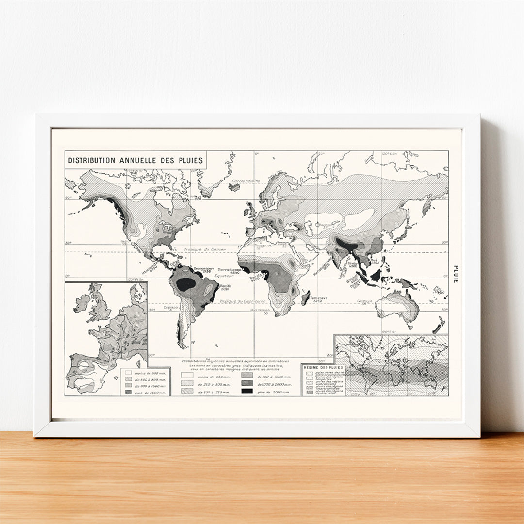 Black and white world map poster illustrating annual rainfall distribution patterns wall art, framed and displayed in home decor