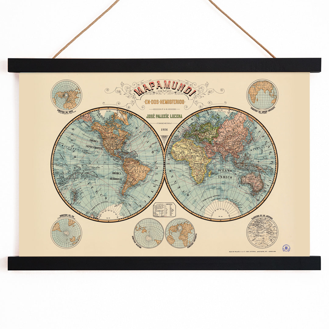 Vintage world map Mapamundi by Paluzie Lucena Josep showing two hemispheres with detailed geography and geographic features poster, with wooden magnetic frame on white background