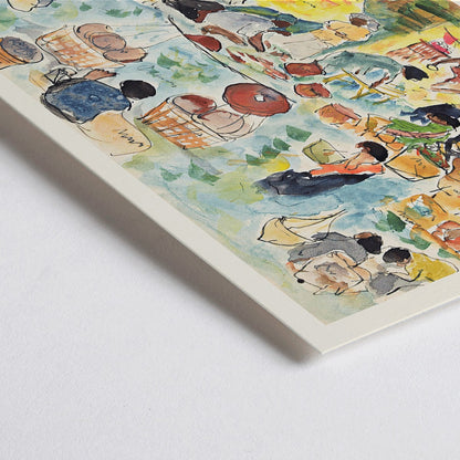 Closeup detail of Vibrant market scene in the Dutch East Indies by Pierre Jean Apol featuring bustling merchants and colorful goods