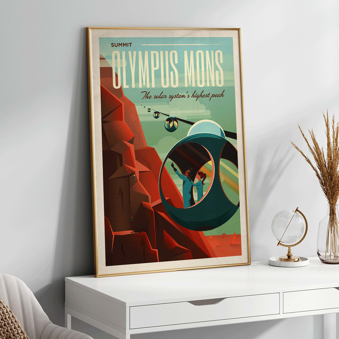 Futuristic cable cars and pods ascend the red slopes of Olympus Mons on Mars with travelers viewing the Martian landscape in SpaceX poster artwork, framed and displayed in home decor
