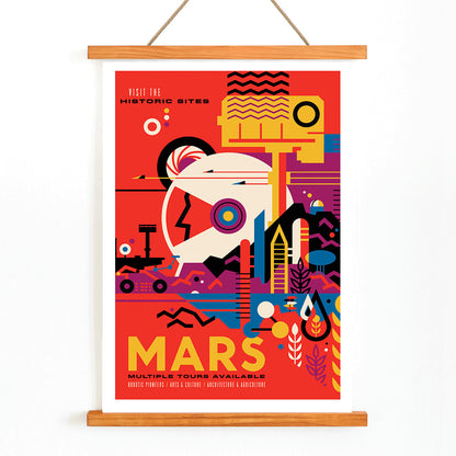 Colorful NASA Mars travel poster featuring abstract Mars landscape and rover artwork with text Mars Visit the historic sites by NASA, with wooden magnetic frame on white background
