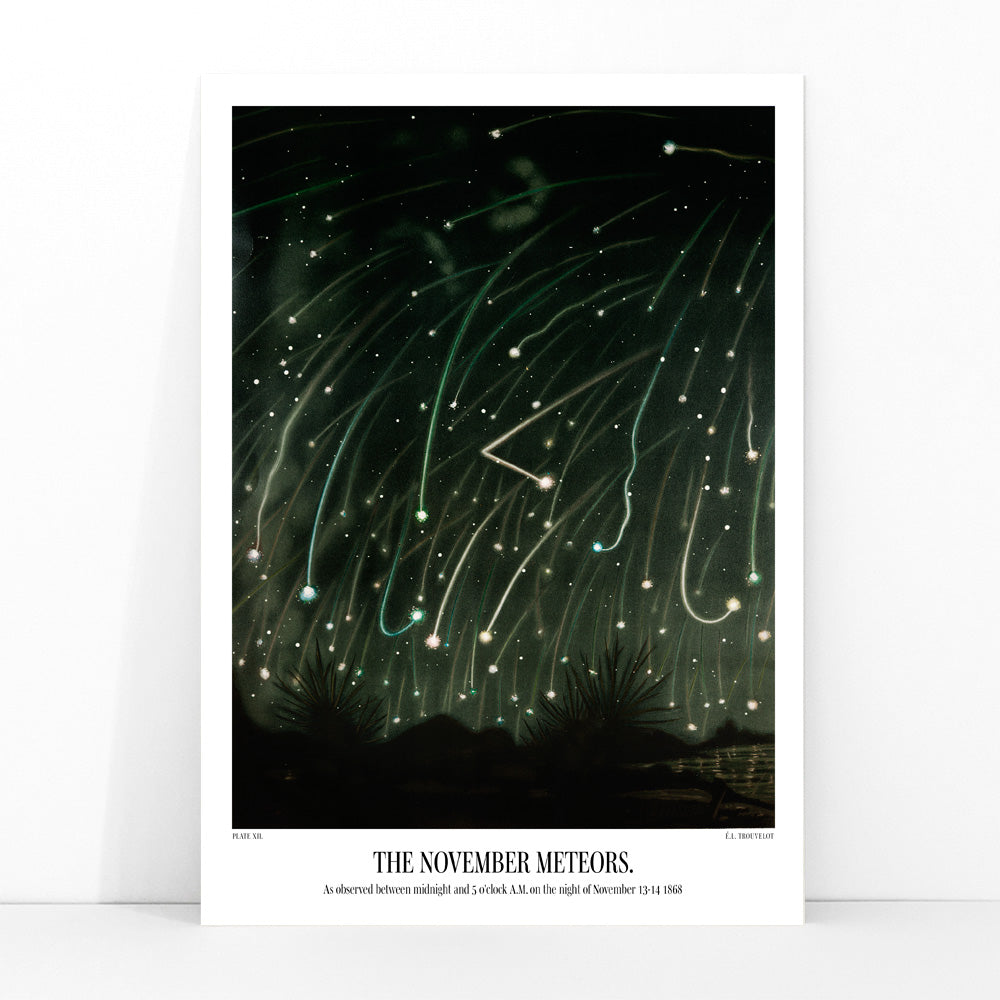 The November Meteors by E L Trouvelot night sky artwork poster featuring bright meteors streaking above a dark landscape, framed and displayed in modern living room decor