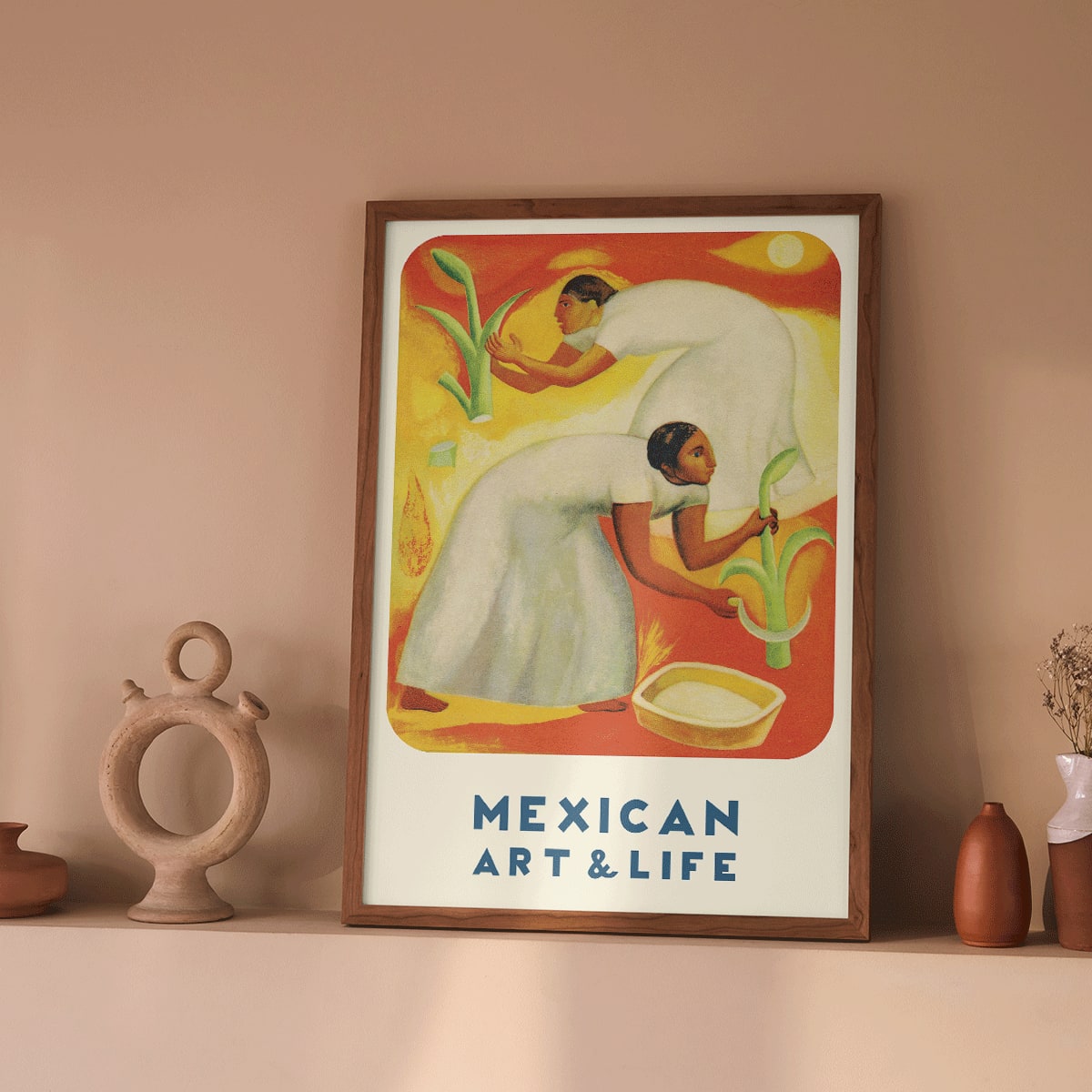 Diego Rivera painting of two women in white dresses harvesting crops in a vibrant orange and yellow field Mexican Art and Life magazine cover poster, framed and displayed in home decor