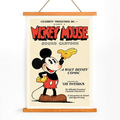 Mickey Mouse poster by Ub Iwerks and Walt Disney featuring Sound Cartoon comic artwork with Mickey smiling in yellow gloves and red shorts, with wooden magnetic frame on white background