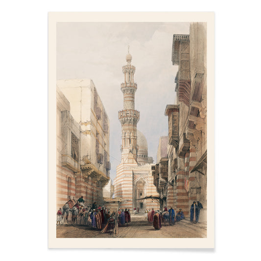Bullack Cairo cityscape illustration by David Roberts featuring people in traditional clothing and historic architecture, with black aluminium frame on white background