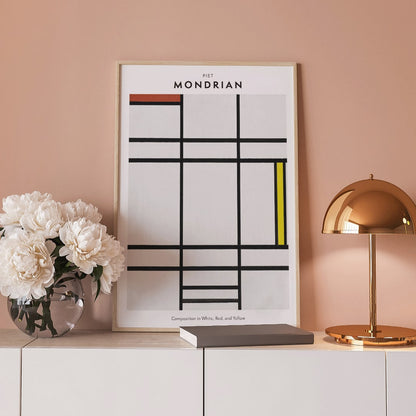 Abstract geometric painting by Piet Mondrian featuring bold black lines geometric shapes and blocks of white red and yellow in Composition in White Red and Yellow poster, framed and displayed in home decor