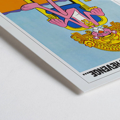 Closeup detail of Pink Panther Montezuma themed artwork and poster titled Revenge of the Pink Panther featuring the Pink Panther sitting on a throne