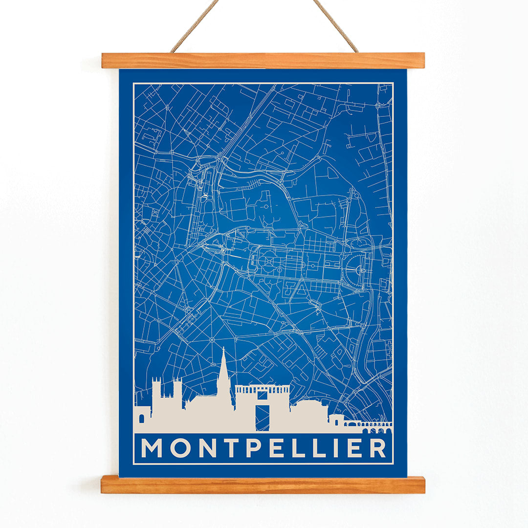 Minimalist map art print and detailed blue and white poster of Montpellier with city landmarks by Minimalist Montpellier Map, with wooden magnetic frame on white background
