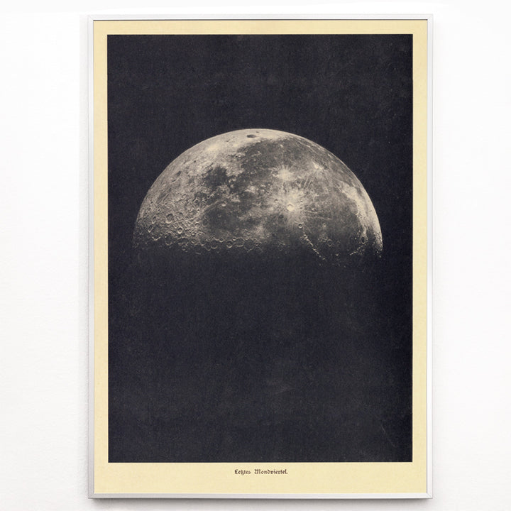 Closeup detail of Black and white lunar surface artwork and detailed moon illustration poster by Institute of Liepzig wall art for home decor