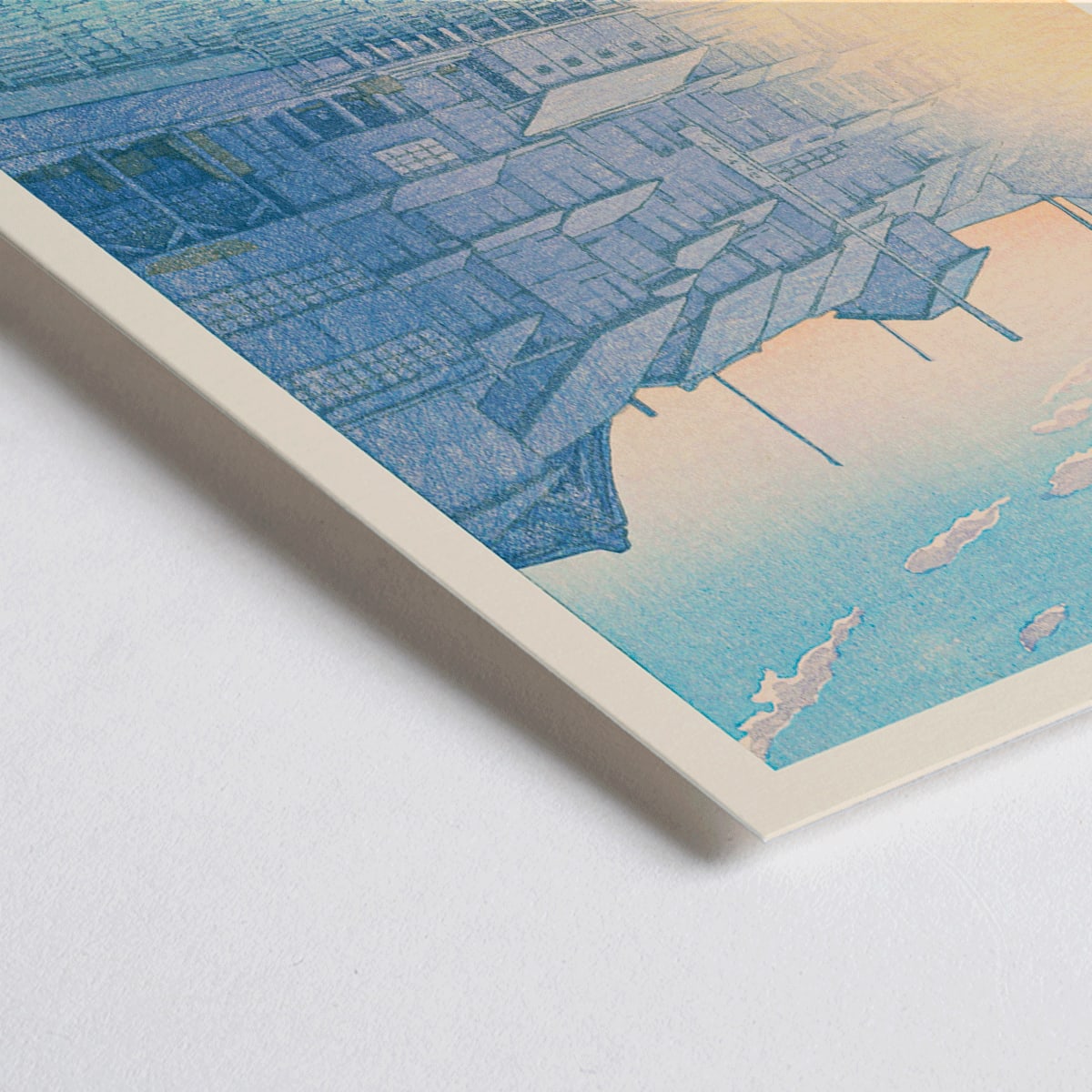 Closeup detail of Morning at Dotonbori by Kawase Hasui serene river scene with boats and wooden houses at dawn Japanese art poster