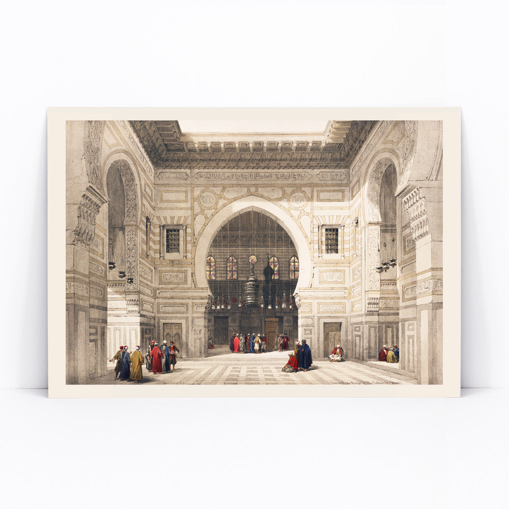 Elegant interior of Sultan the Ghoree mosque with figures and detailed architecture by David Roberts, framed and displayed in modern living room decor