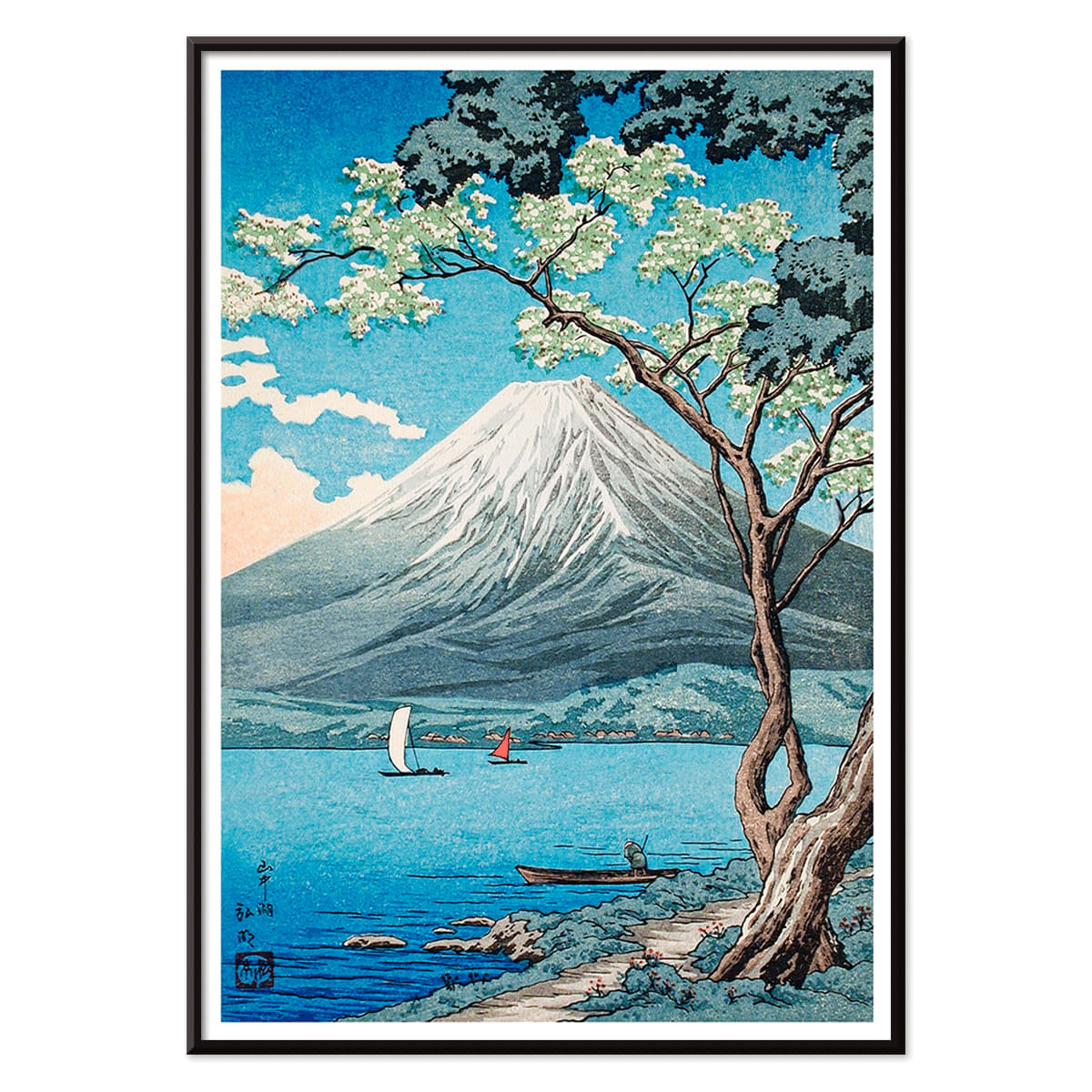 Mount Fuji from Lake Yamanaka by Hiroaki Takahashi with sailboats blue water and a tree in the foreground Japanese artwork poster, with black aluminium frame on white background