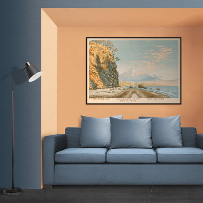 Mt Fuji from Satta coastal path with rocky cliffs and calm sea artwork by Kobayashi Kiyochika Japanese poster, framed and displayed in home decor