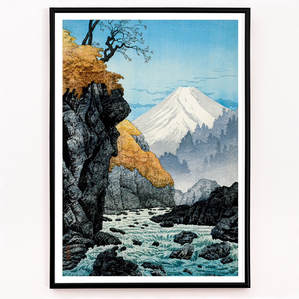 Closeup detail of Mountain landscape with river autumn trees and rocky cliffs at Foot of Mount Ashitaka by Hiroaki Takahashi poster