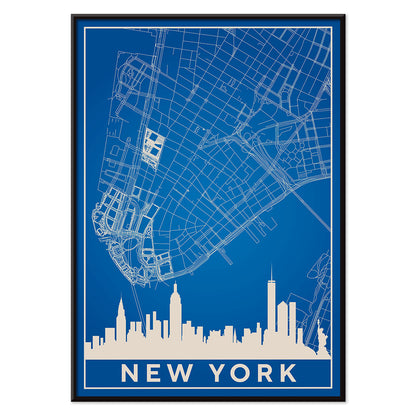 New York Minimalist Map poster by artist New York featuring a blue and white outline of New York City streets above a city skyline silhouette, with black aluminium frame on white background