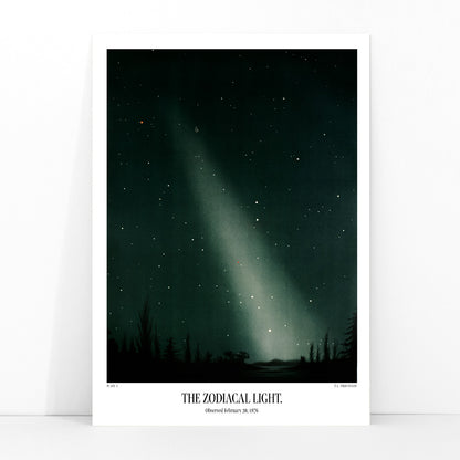 Night sky with zodiacal light and stars by E L Trouvelot poster featuring luminous band and silhouetted trees, framed and displayed in modern living room decor