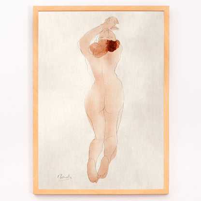 Closeup detail of Watercolor sketch and poster of nude woman with red hair arms raised titled Caresse moi donc cheri by Auguste Rodin