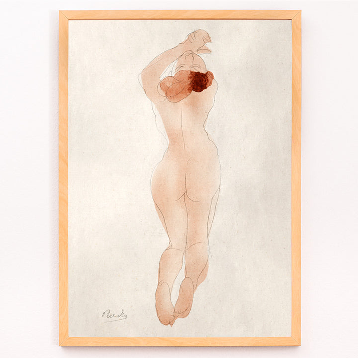 Closeup detail of Watercolor sketch and poster of nude woman with red hair arms raised titled Caresse moi donc cheri by Auguste Rodin