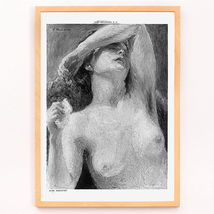 Nude Study by Gari Melchers painting of a nude woman with arm raised covering part of face detailed brushstroke style poster, framed and displayed in modern living room decor
