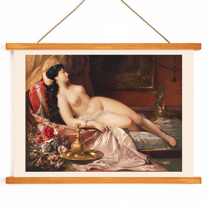 Sleeping beauty art poster featuring a reclining nude woman on luxurious fabrics with ornate objects and flowers in the background, with wooden magnetic frame on white background