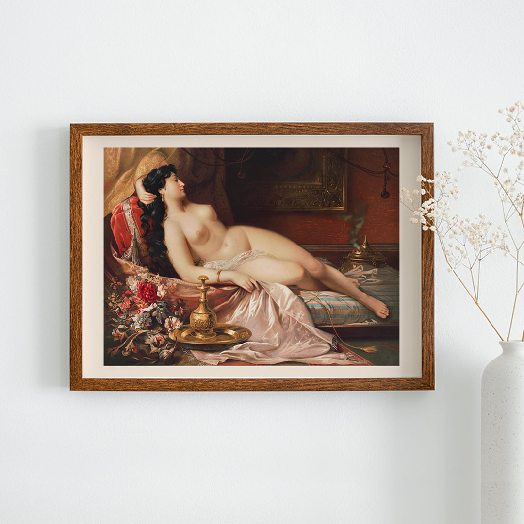 Sleeping beauty art poster featuring a reclining nude woman on luxurious fabrics with ornate objects and flowers in the background, framed and displayed in home decor