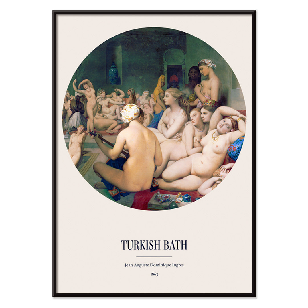 Poster of The Turkish Bath by Jean Auguste Dominique Ingres showing nude women lounging in a luxurious bathhouse setting, with black aluminium frame on white background