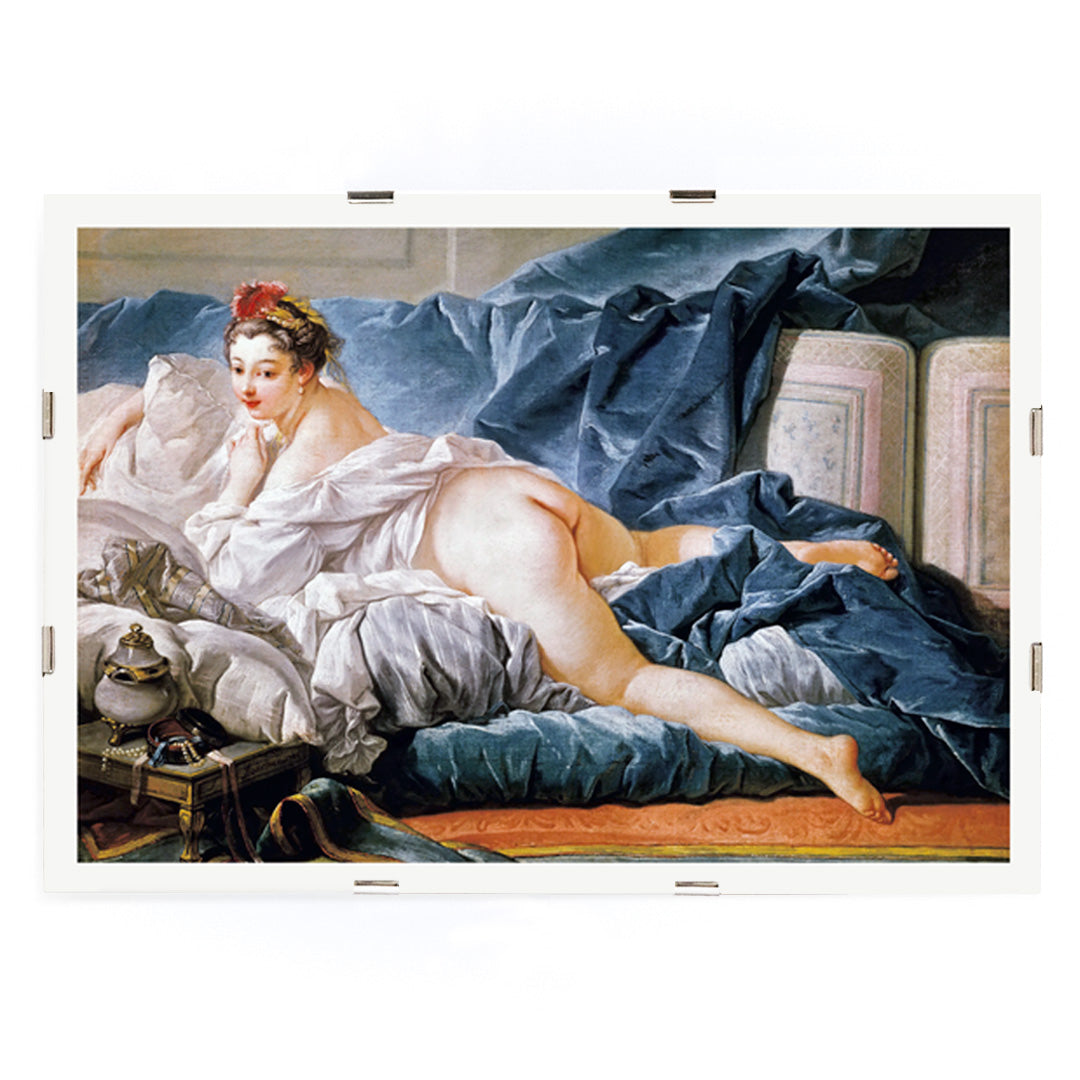 Brown Odalisque by Francois Boucher poster featuring a reclining nude woman on luxurious blue and white fabrics, framed and displayed in modern living room decor
