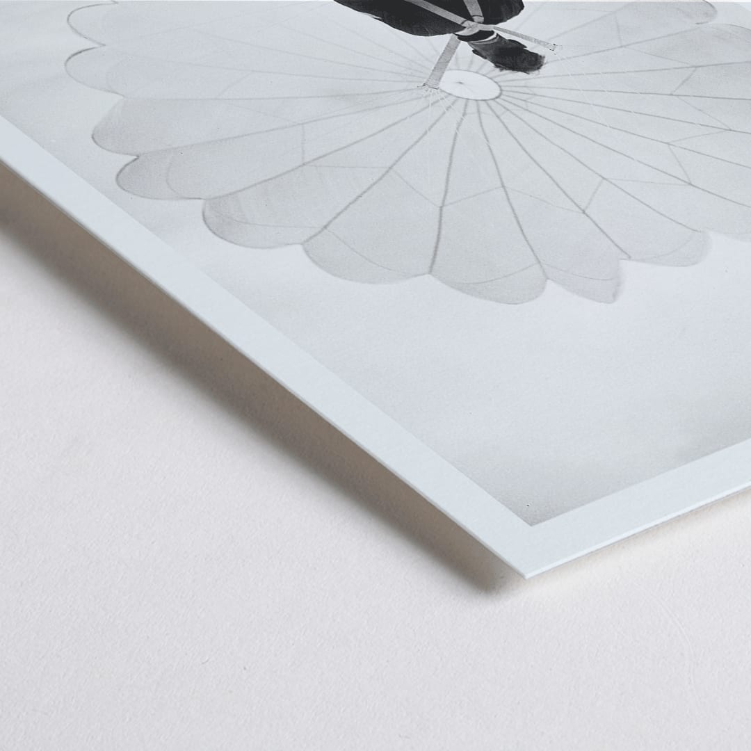 Closeup detail of Air force parachuter landing and standing with deployed parachute by Ray Olsen poster