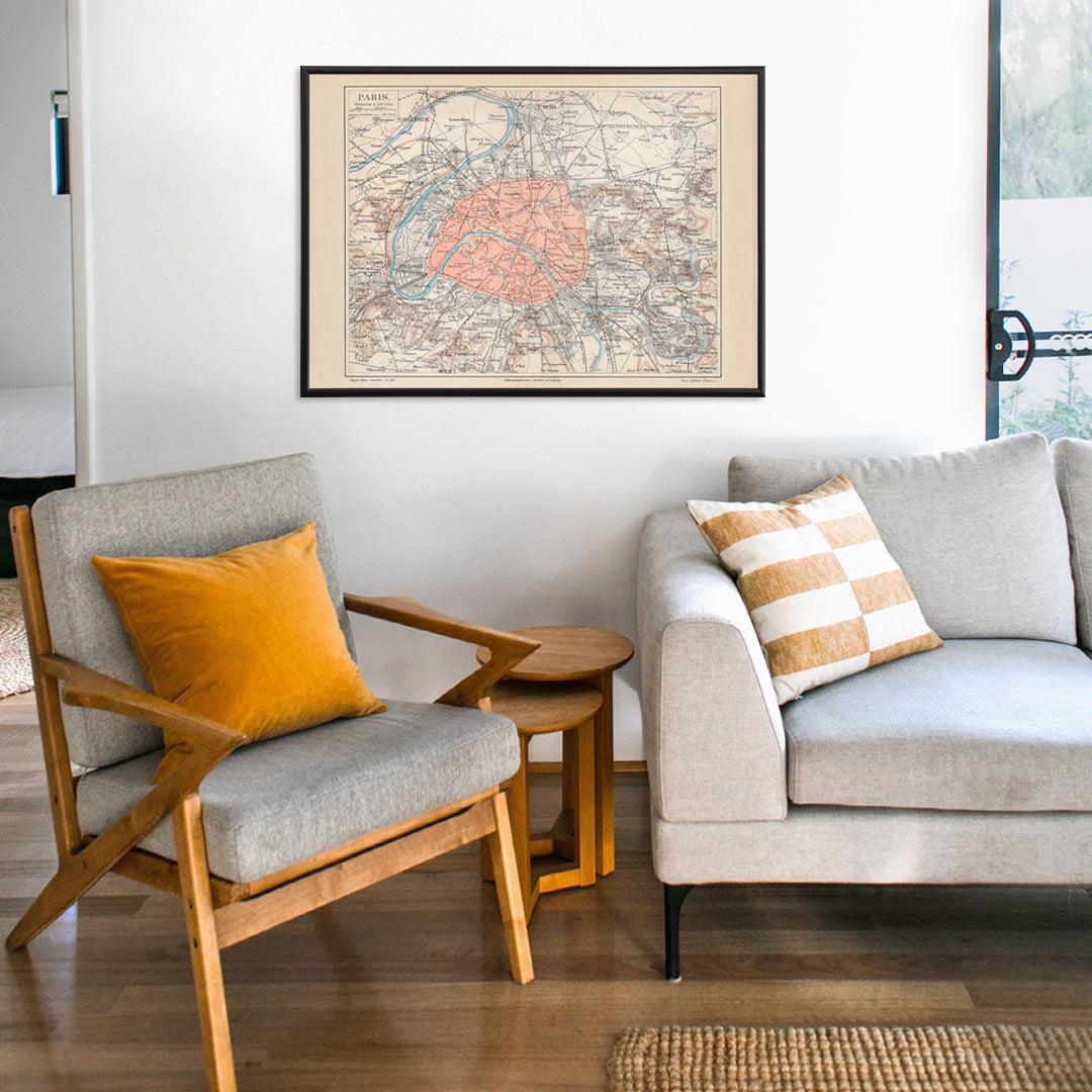 Ancient map of Paris city and surroundings by Bibliographic institute of Liepzig with detailed streets and highlighted city center poster artwork, framed and displayed in home decor