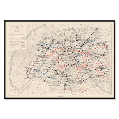 Louis Wuhrer Paris metro map poster vintage city plan with black and red rail lines, with black aluminium frame on white background