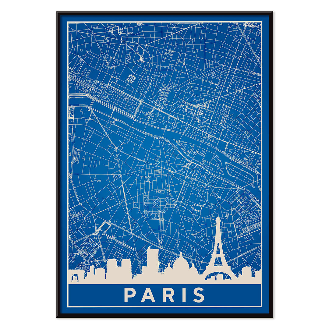 Minimalist Paris city map artwork and poster featuring detailed blue and white map with Eiffel Tower and prominent Paris landmarks, with black aluminium frame on white background